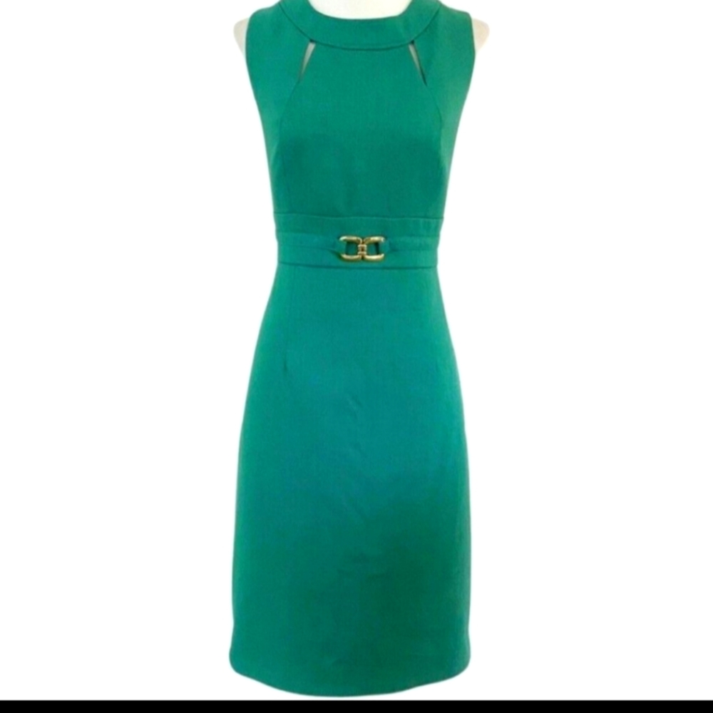 Tahari green dress with gold buckle